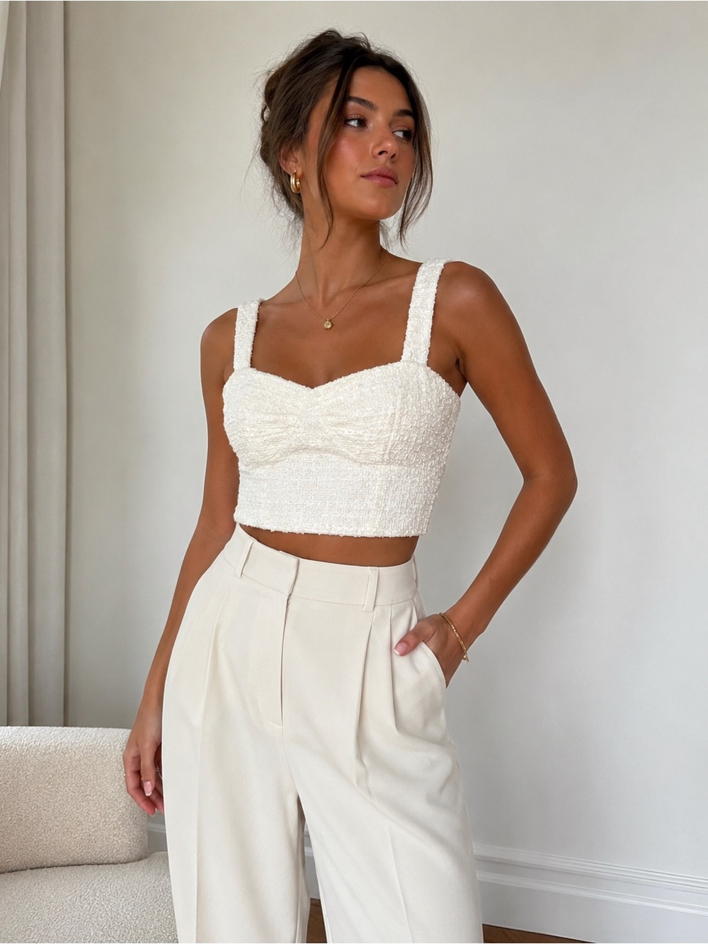 A Loves A Ivory Bouclé Tweed Crop Top Pearl Detail Parisian Luxe Chic Small NWOT - Picture 1 of 8